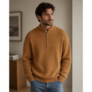 Pact Organic Cotton Quarter Zip Ribbed Sweater Mens XL Camel Brown New